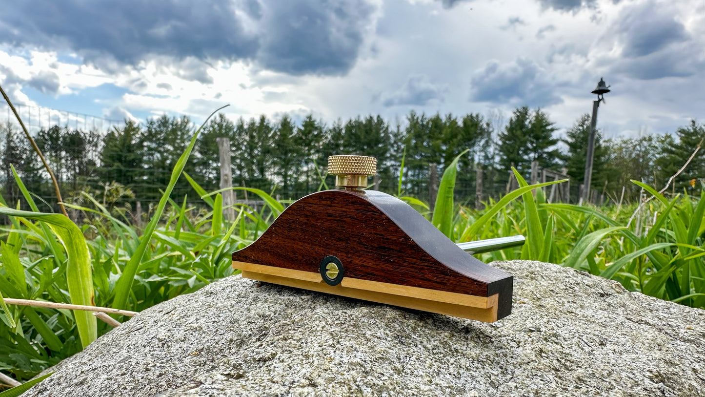 The Honey Brook "No. 85 1/2" Marking Gauge is inspired by the design of the vintage Stanley No. 85 1/2 Panel Gauge. Shown here in Yarran with Englishg Boxwood inlayed in the fence.